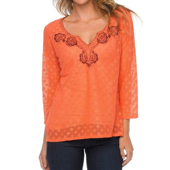 Prana | Coral Winnie Boho Mesh Lace Embroidered Peasant Top, Large - Picture 2 of 9